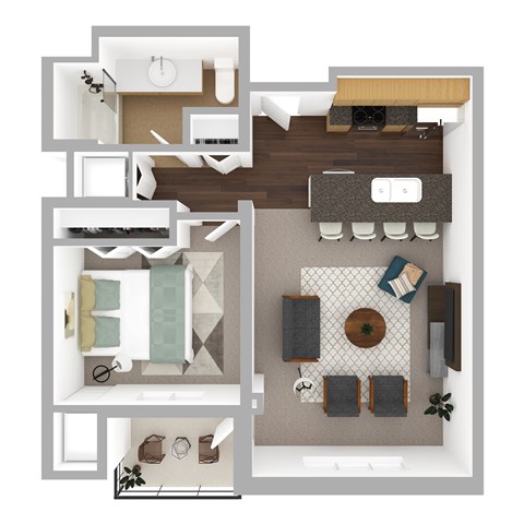 Floor plan for 1 bed, 1 bath, 734 sqft